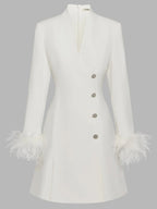 White Feather-trimmed Buckle Classic V Neck Stand Collar Long Sleeve A-Line Mini Dress