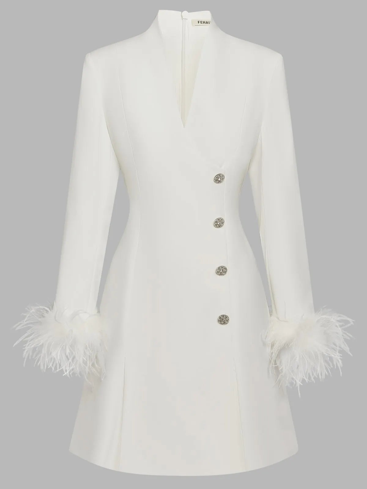 White Feather-trimmed Buckle Classic V Neck Stand Collar Long Sleeve A-Line Mini Dress