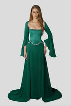 Chiffon Long Sleeves Long Mermaid Prom Dress With Beading Pleated WQ0386