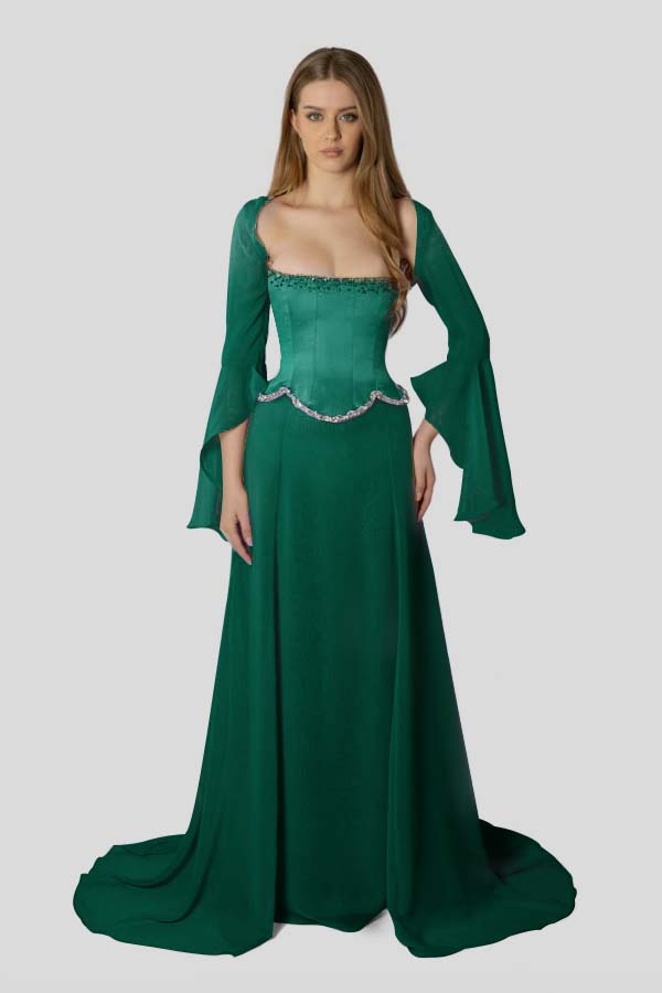 Chiffon Long Sleeves Long Mermaid Prom Dress With Beading Pleated WQ0386