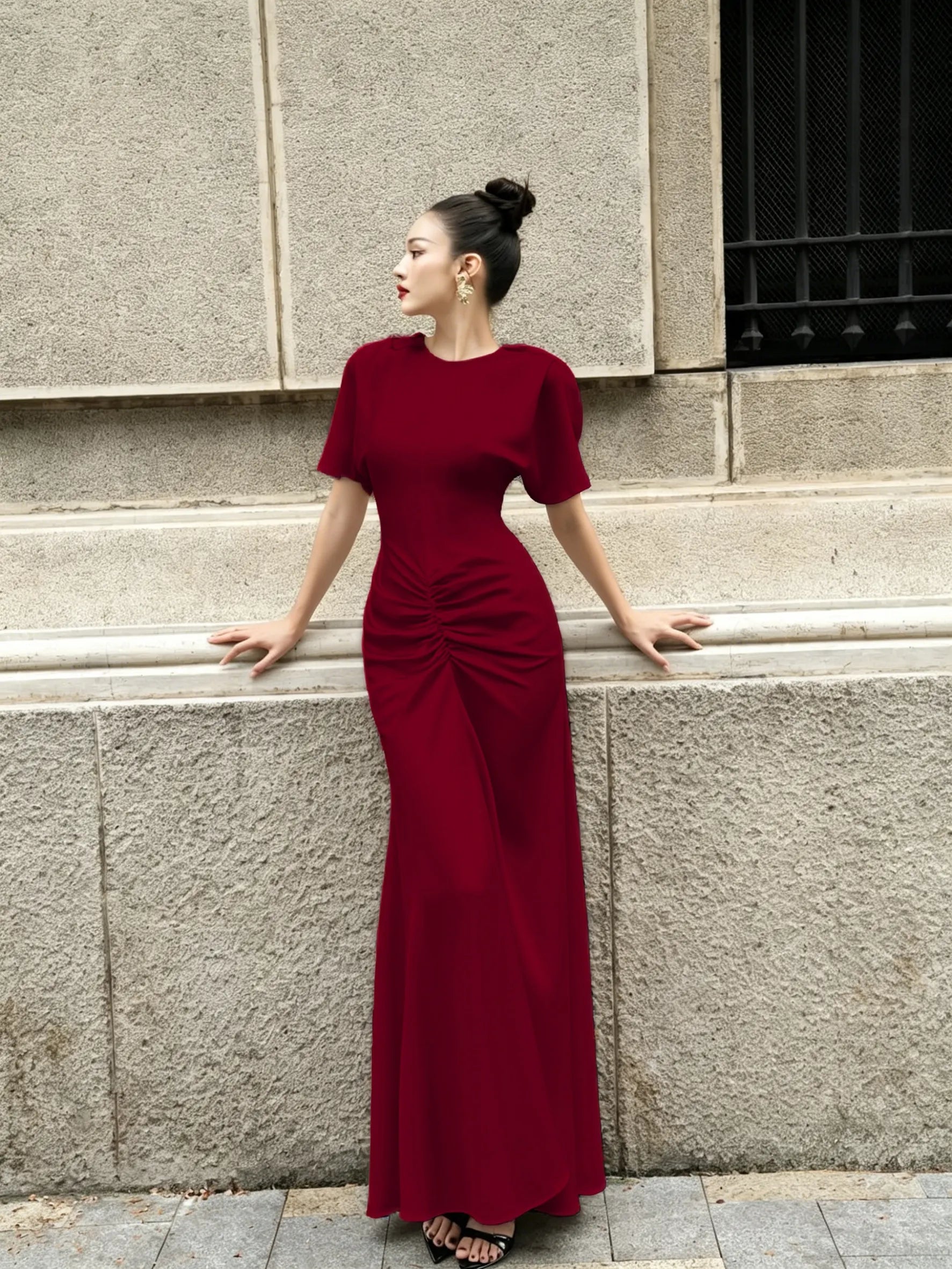 Cocoslly Round Neck Short Sleeves High Waist Long Prom Dress With Pleated | Wine Red Satin DB0023