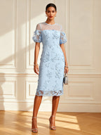 Light Blue 3D Floral Lace Crew Neck Short Sleeve Puff Sleeve Sheath Midi Dress