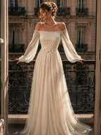 Cocoslly Off-The-Shoulder Long Sleeves High Waist Long Prom Dress With Sequins | Mist Mint Green Tulle LX0086