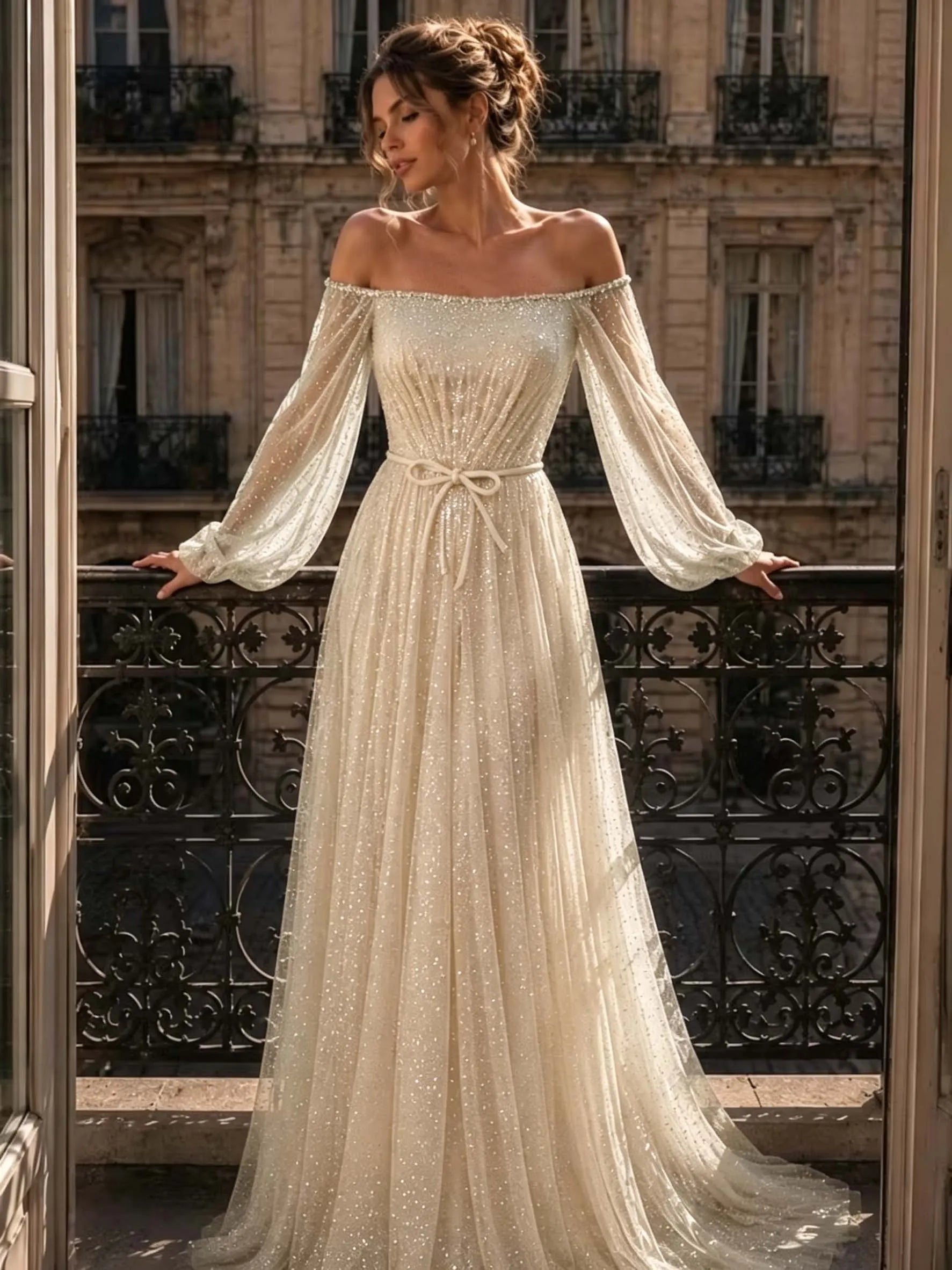 Cocoslly Off-The-Shoulder Long Sleeves High Waist Long Prom Dress With Sequins | Mist Mint Green Tulle LX0086