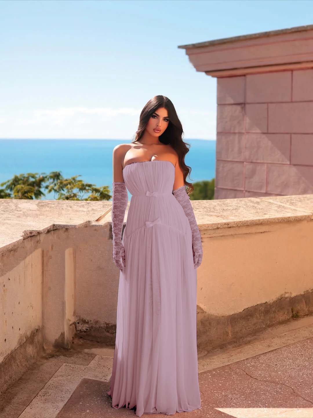 Chiffon Strapless Sleeveless Long Pleated A-Line Prom Dress With Bows And Gloves YK0680