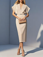 Black Slit Classic V Neck Short Sleeve Dolman Sleeve Sheath Midi Dress With Belt