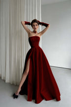 Cocoslly Strapless Sleeveless High Waist Long Prom Dress With Split And Gloves | Black Satin ZT0723