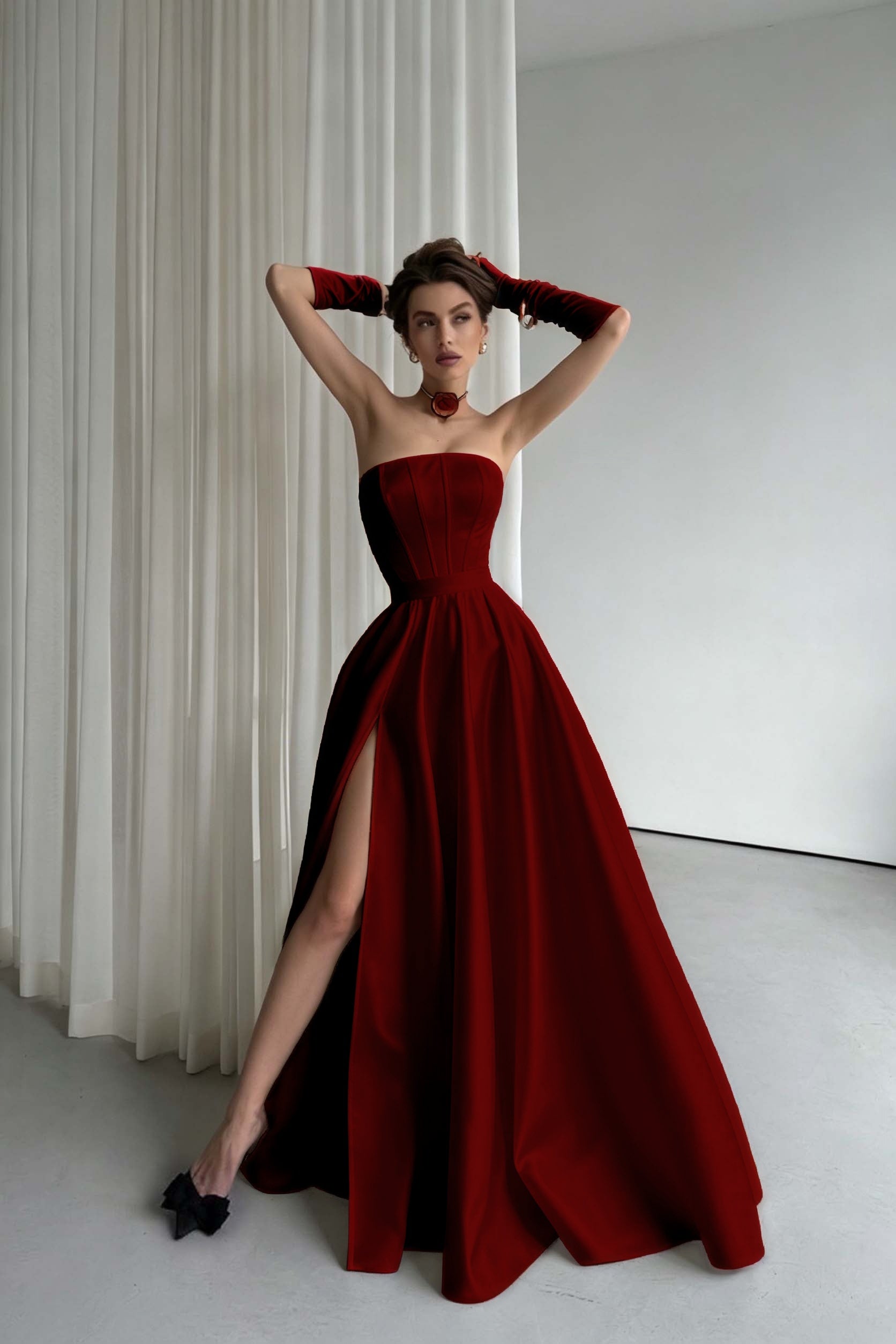 Cocoslly Strapless Sleeveless High Waist Long Prom Dress With Split And Gloves | Black Satin ZT0723