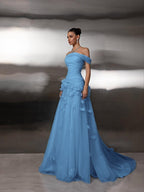 Cocoslly Off-The-Shoulder Strapless Sleeveless Long Pleated A-Line Prom Dress With Flower Appliqués | Light Blue Tulle ZA0285