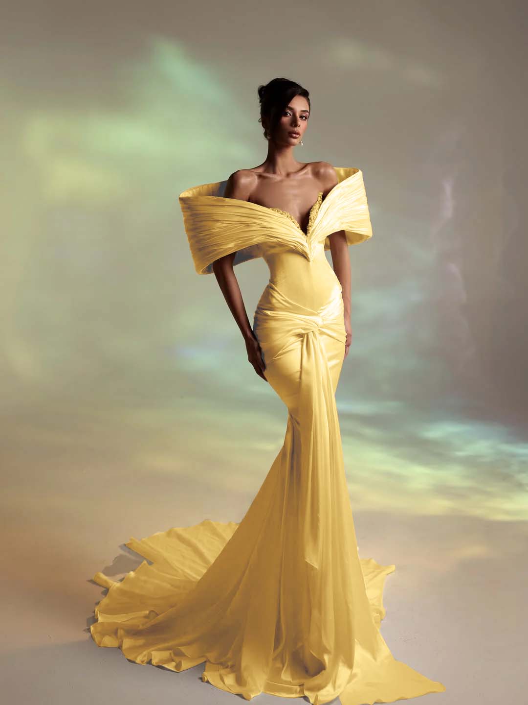 Deep V-Neck Strapless Long Pleated Mermaid Prom Dress With Ruffles And Beadings YK0707