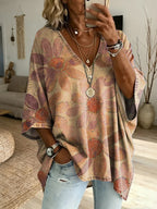 Women's Vintage Floral Art Print Casual Loose Cotton Top
