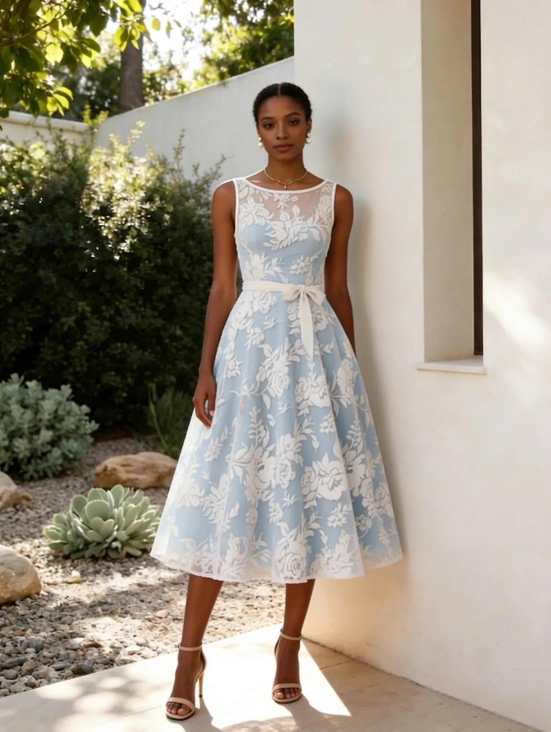Light Blue Jacquard Floral Classic Boat Neck Sleeveless A-Line Midi Dress