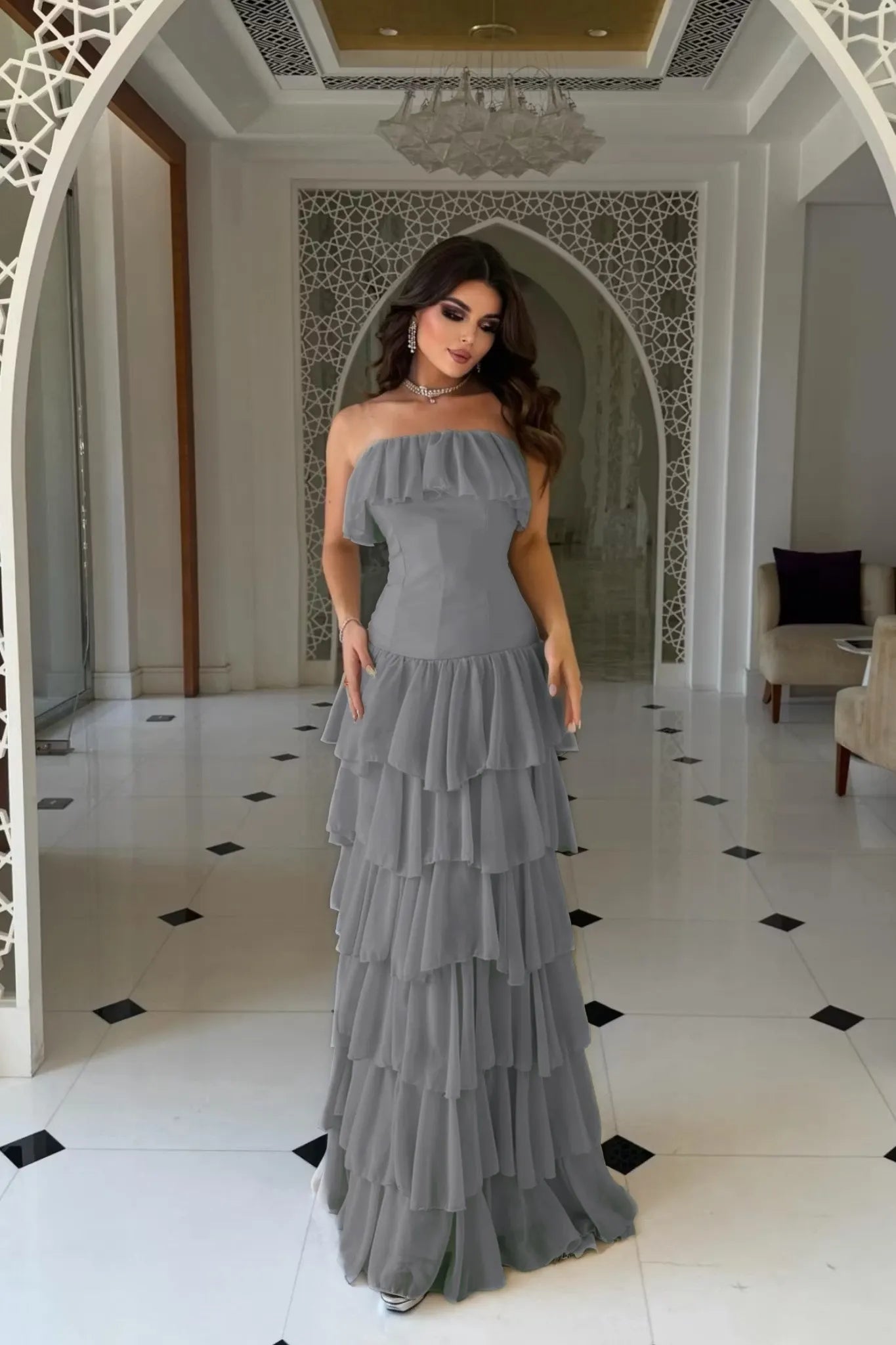 Cocoslly Strapless Sleeveless High Waist Long Prom Dress With Ruffles | Nude Champage Chiffon YC0565