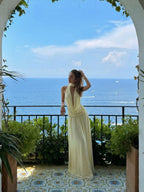 Cocoslly Halter V-Neck Sleeveless High Waist Long Prom Dress | Daffodil Chiffon CO0095