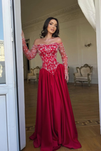 Cocoslly Strapless Long Sleeves High Waist Long Prom Dress With Rhinstone | Red Satin WQ0722