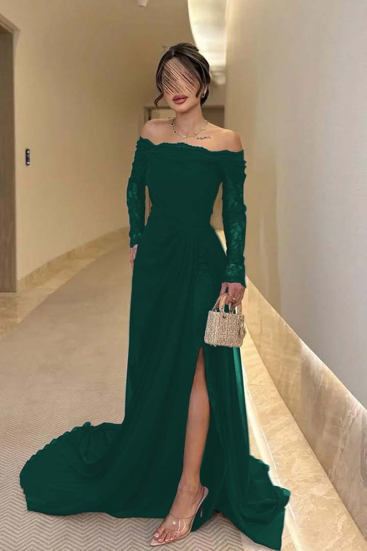 Off the Shoulder Long Sleeves Long Split Prom Dress With Pleated WQ0009