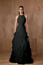 Cocoslly Halter Sleeveless High Waist Long Prom Dress With Ruffles | Daffodil Tulle YC0478
