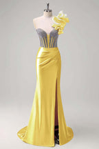 Satin V-Neck Strapless Sleeveless Long Pleated Mermaid Prom Dress With Rhinstone And High Split YK0320