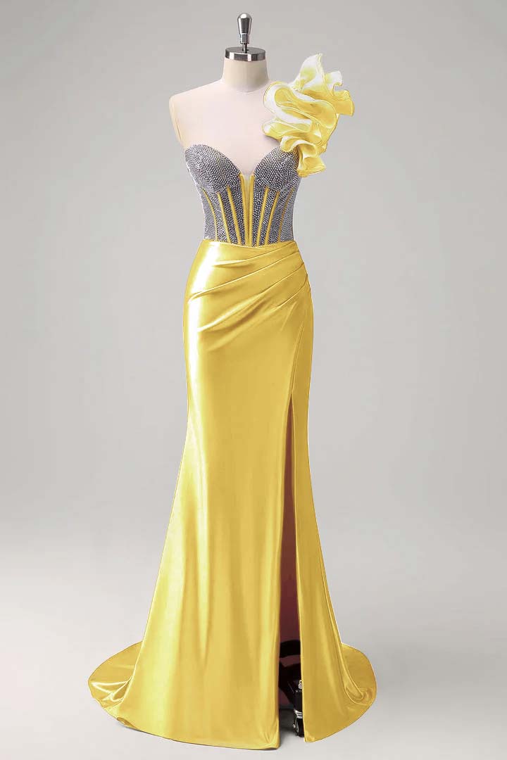 Satin V-Neck Strapless Sleeveless Long Pleated Mermaid Prom Dress With Rhinstone And High Split YK0320