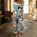 Women's Cute Dog Art Print Flowy Linen Blend Casual Jumpsuit