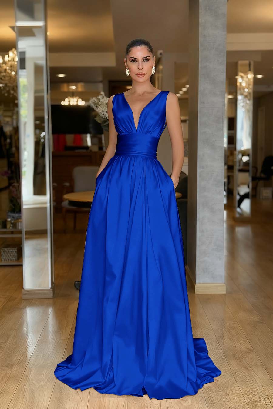 Straps Sleeveless High Waist Long Prom Dress With Pockets Pleated MS0387