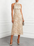 Champagne 3D Floral Glitter Classic Mock Neck Sleeveless Midi Dress
