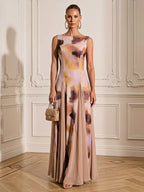 Light Khaki Floral 3D Floral Classic Boat Neck Sleeveless A-Line Maxi Dress