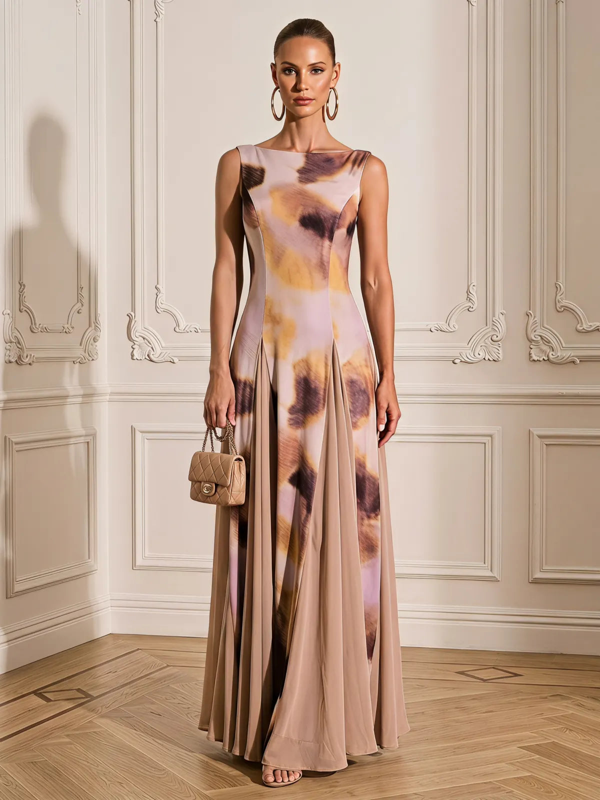Light Khaki Floral 3D Floral Classic Boat Neck Sleeveless A-Line Maxi Dress