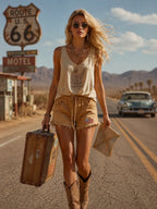 Sierra Washed Camel Americana Denim Shorts Relaxed Vintage Utility Style