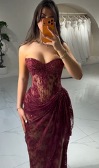 Cocoslly Strapless Sleeveless High Waist Long Prom Dress With Split And Appliques | Burgundy Lace WT0131