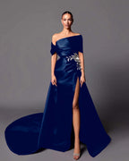 Satin Asymmetric Off-The-Shoulder Sleeveless Long Pleated Mermaid Prom Dress With Appliqués And Split YK0598