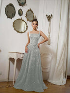 Square Neck Spaghetti Straps Sleeveless Long A-Line Prom Dress With Sequins And High Beadings YK0573