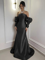 Burgundy Satin Strapless Bubble Sleeves Long Mermaid Prom Dress With Pleated YK0710