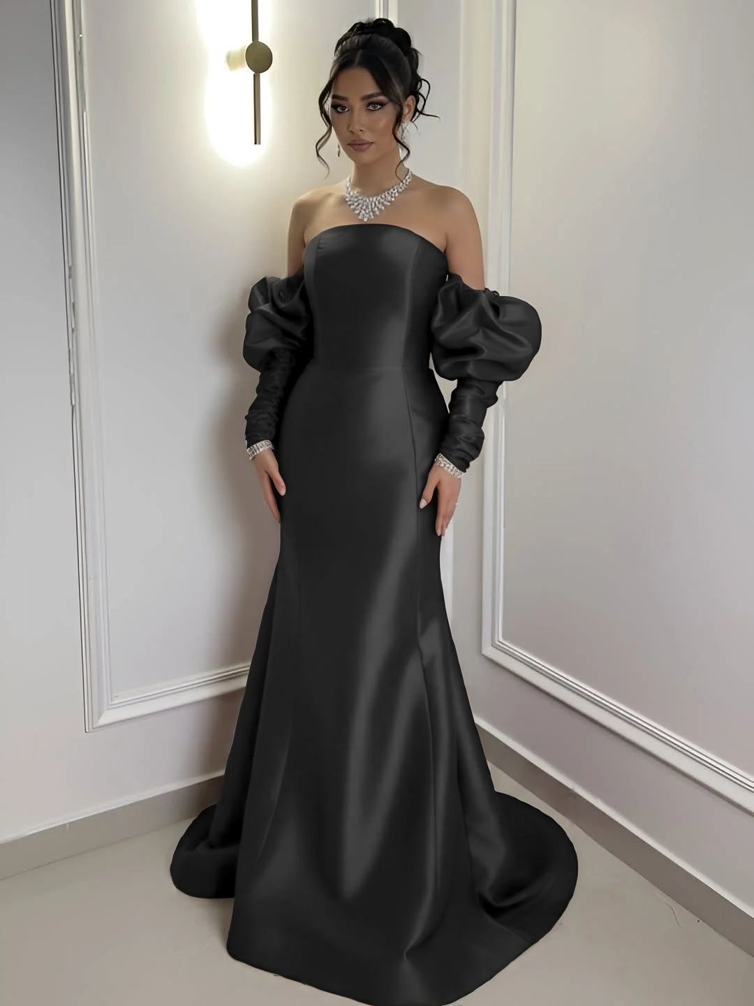 Burgundy Satin Strapless Bubble Sleeves Long Mermaid Prom Dress With Pleated YK0710