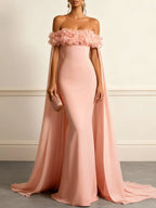 Pink 3D Floral Ruched Classic Off The Shoulder With Removable Cape Short Sleeve Mermaid Gown Dress