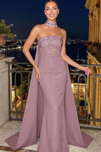 Cocoslly Strapless Sleeveless High Waist Long Mermaid Prom Dress With Rhinstone | Blue Satin YC0546
