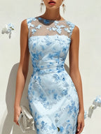 Light Blue Lace Embroidery Lace Crew Neck Sleeveless Sheath Maxi Dress