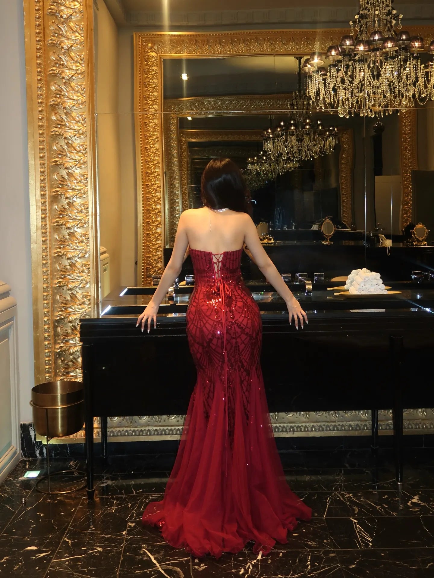 Cocoslly Strapless Sleeveless High Waist Long Mermaid Prom Dress With Sequins | Burgundy Tulle CO0162