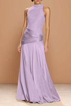 Cocoslly High-Neck Sleeveless Long Pleated Mermaid Prom Dress With Embroidery | Sage Green Satin ZA0147