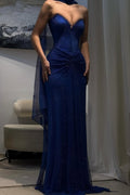Cocoslly Sweetheart Strapless Sheath Long Pleated Prom Dress With Scarf | Navy Blue Net Fabric ZT0704