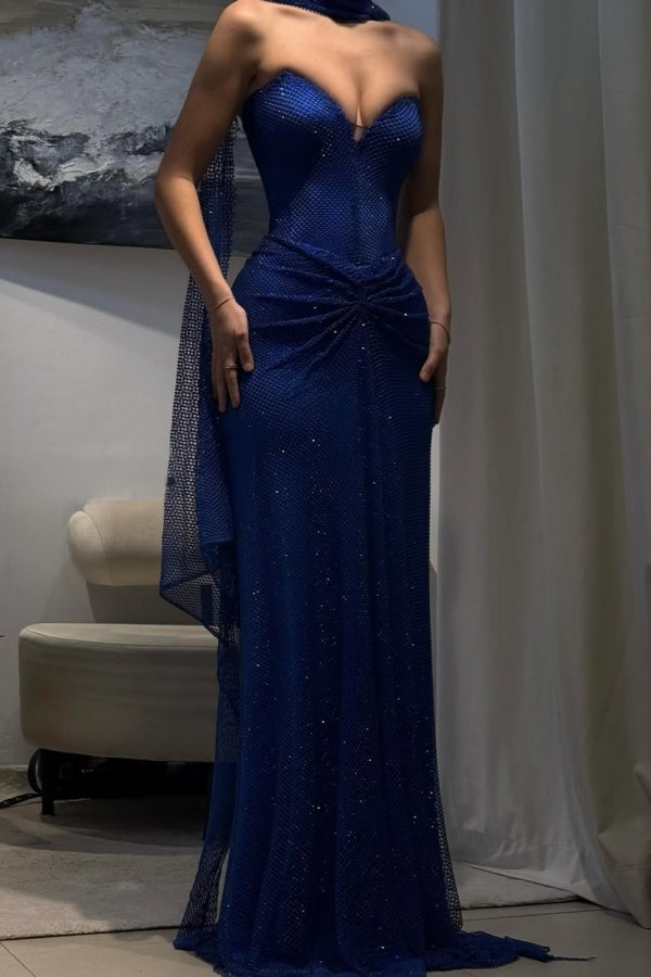Cocoslly Sweetheart Strapless Sheath Long Pleated Prom Dress With Scarf | Navy Blue Net Fabric ZT0704