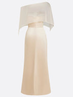 Champagne 3D Floral Satin Boat Neck Short Sleeve Sheath Gown Dress with Capelet