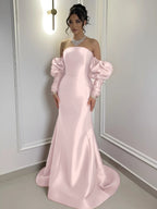 Burgundy Satin Strapless Bubble Sleeves Long Mermaid Prom Dress With Pleated YK0710