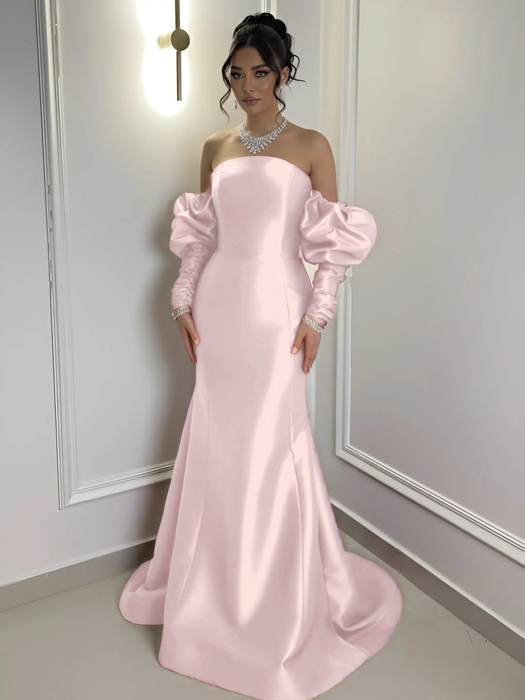 Burgundy Satin Strapless Bubble Sleeves Long Mermaid Prom Dress With Pleated YK0710