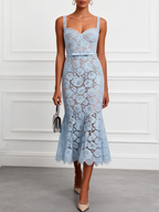 Light Blue Lace Sweetheart Neckline Sleeveless Mermaid Midi Dress