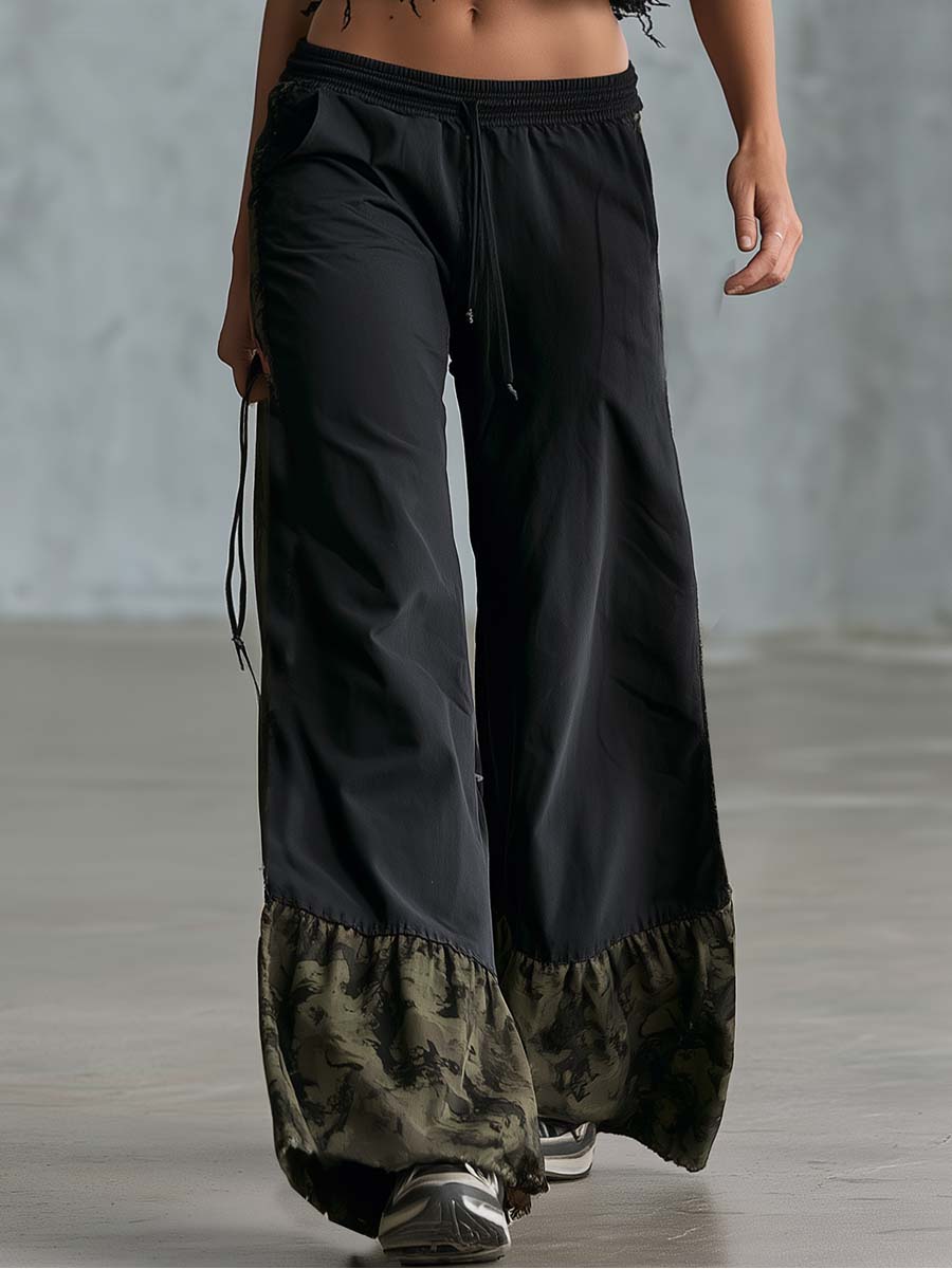 Athleisure Black Cotton Crew-neck Top And Camouflage-panel Pants Set