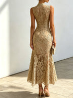 Golden Jacquard Lace Mock Neck Sleeveless Mermaid Midi Dress