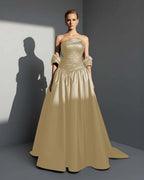 Satin Asymmetric Strapless Sleeveless Long Pleated A-Line Prom Dress With Beadings And Ruffles YK0766