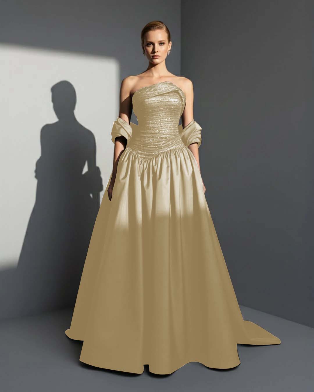 Satin Asymmetric Strapless Sleeveless Long Pleated A-Line Prom Dress With Beadings And Ruffles YK0766