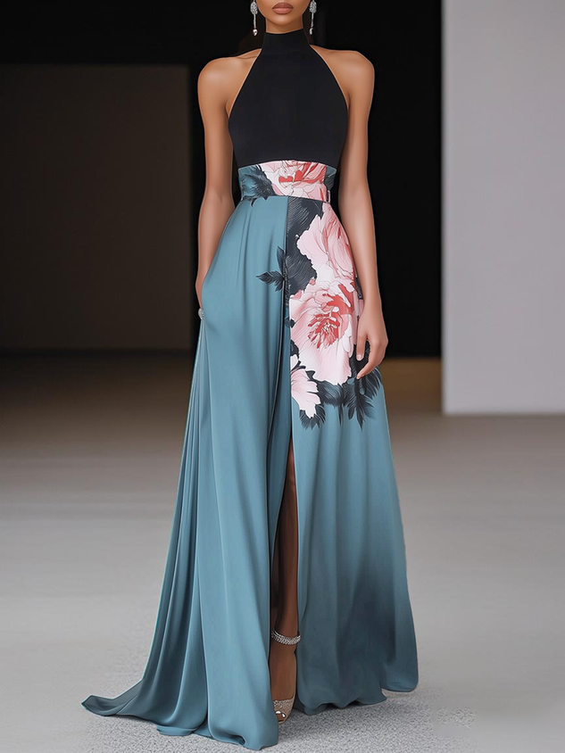 Black Floral Slit Satin Halter Neck Sleeveless A-Line Floor-length Gown Dress